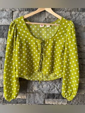 Levi's Green Daisy Print Tie Front Puff Sleeve Cropped Blouse Size Medium